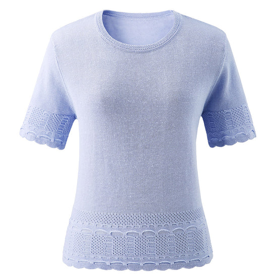 COMOBOCA Women's Scalloped Lace Trim Knit T-Shirt