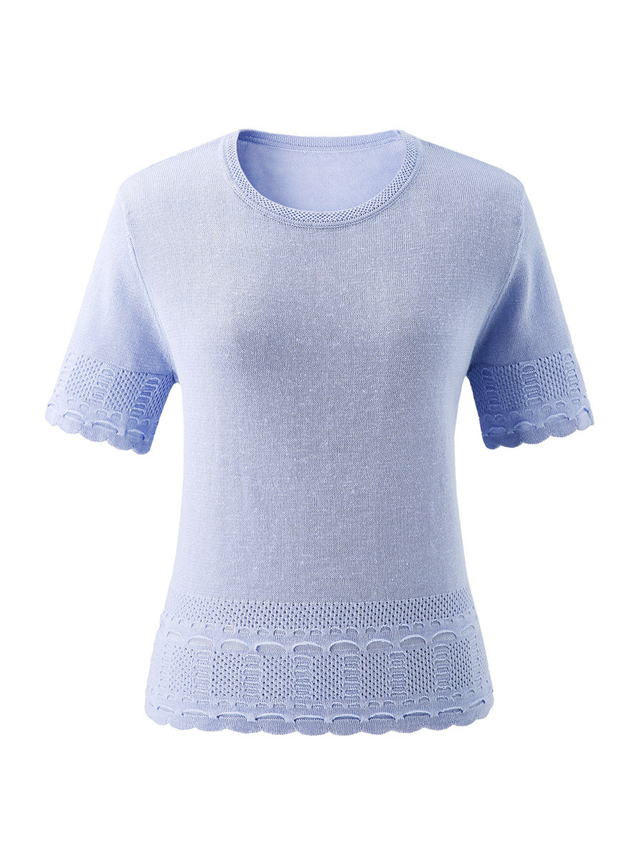 COMOBOCA Women's Scalloped Lace Trim Knit T-Shirt