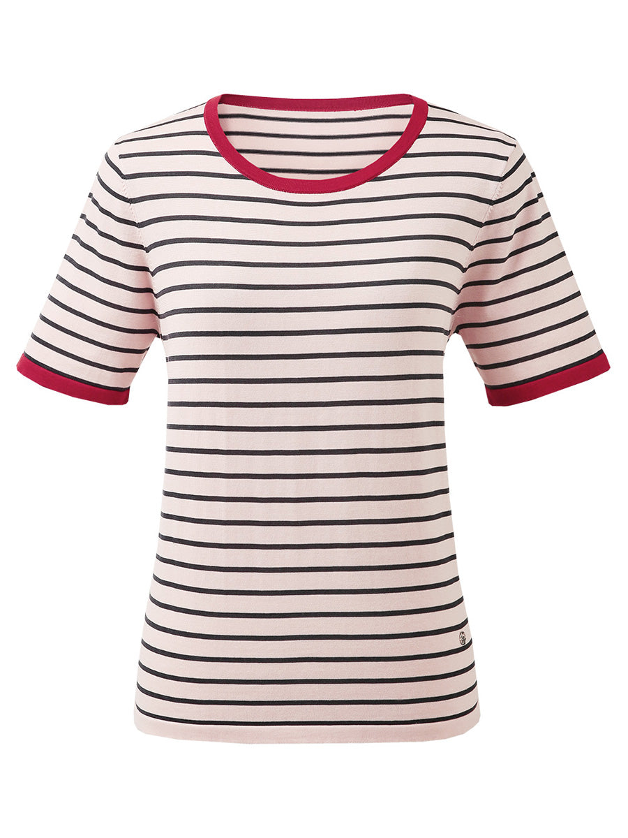COMOBOCA Women's Striped Ribbed Contrast Trim T-Shirt