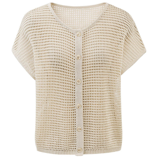 COMOBOCA Women's Openwork Mesh Knit Button Front Top