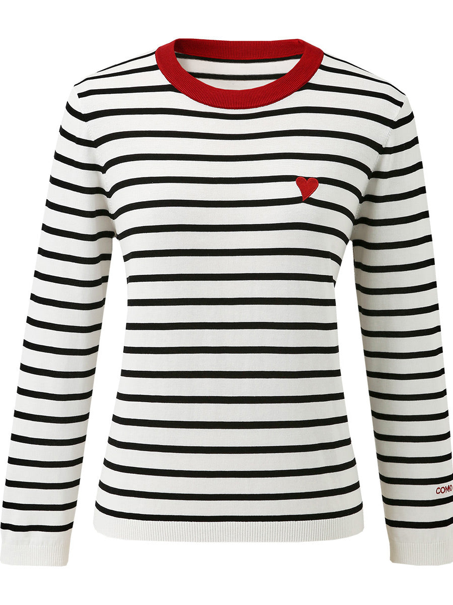 COMOBOCA Women's Striped Heart Embroidered Cotton Silk Sweater