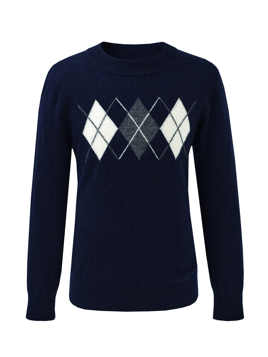 COMOBOCA 100% Wool Kids' Argyle Pattern Round Neck Sweater