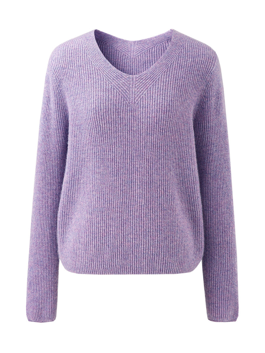 COMOBOCA 100% Cashmere Women's V-Neck Ribbed Knit Sweater