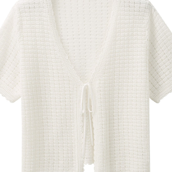 COMOBOCA Women's Linen Crochet Tie Short Sleeve Cardigan