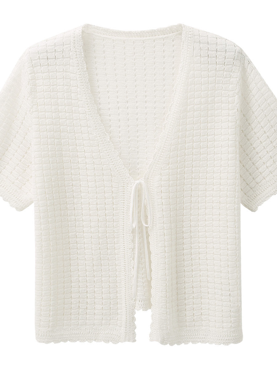 COMOBOCA Women's Linen Crochet Tie Short Sleeve Cardigan