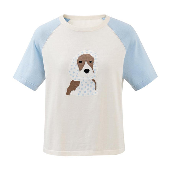 COMOBOCA Women's Puppy Intarsia Raglan Sleeve Knit T-Shirt