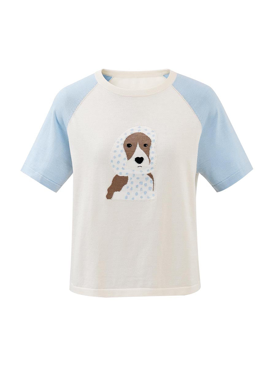 COMOBOCA Women's Puppy Intarsia Raglan Sleeve Knit T-Shirt