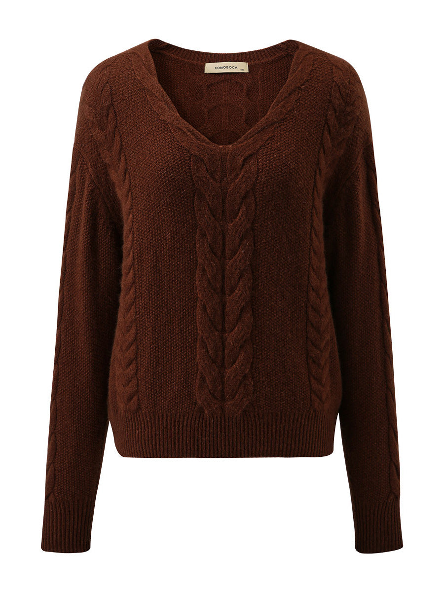 COMOBOCA 100% Cashmere Women's Cable Knit V-Neck Sweater
