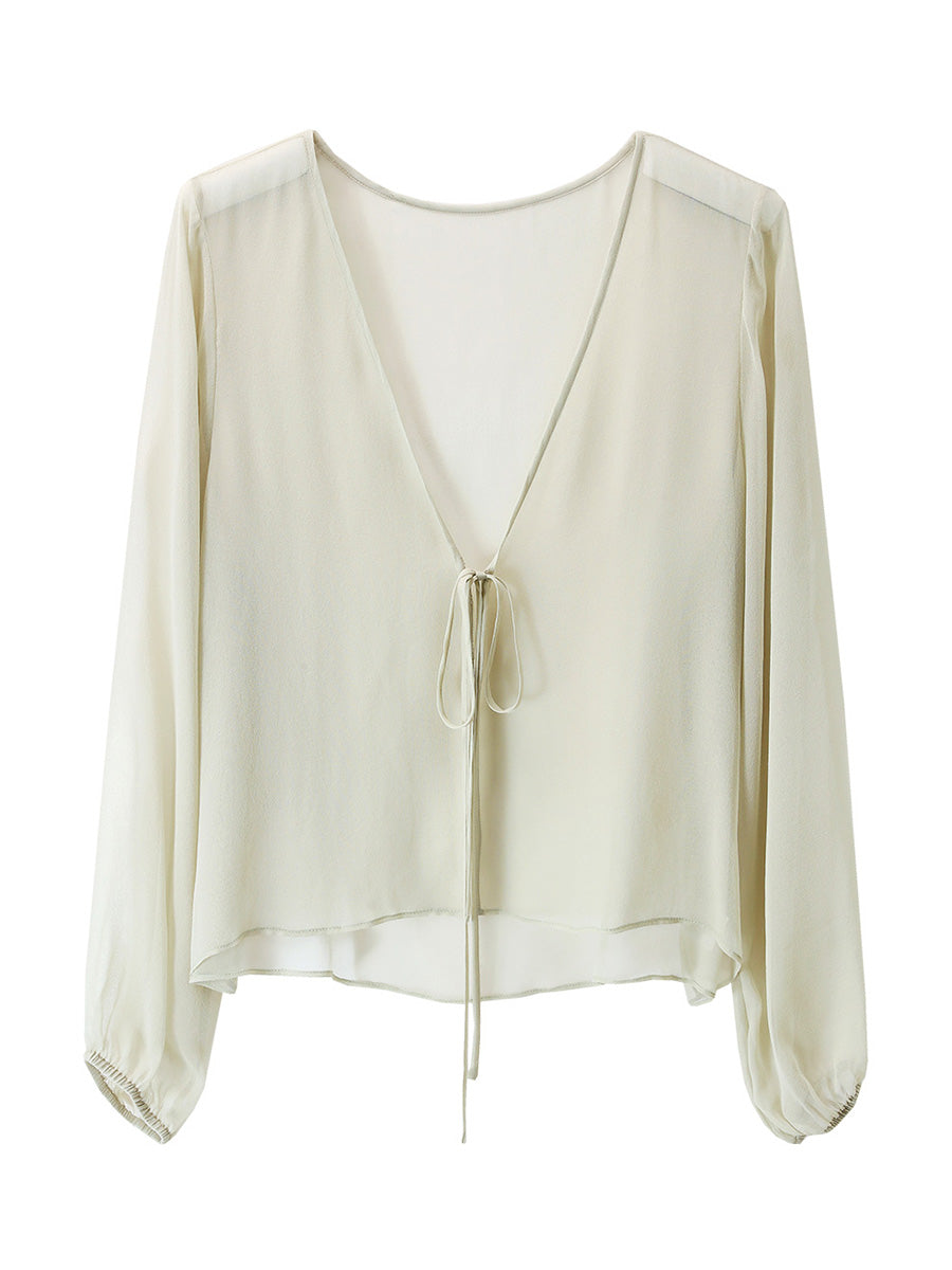 COMOBOCA 100% Mulberry Silk Women's Tie-Front Blouse