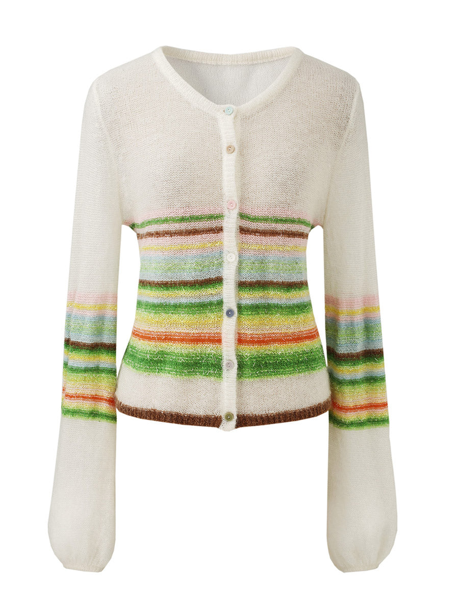 COMOBOCA Women's Rainbow Striped Button Down Cardigan