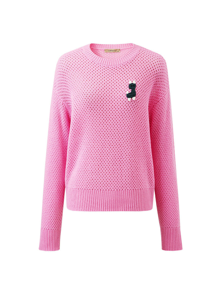 COMOBOCA 100% Wool Women's Embroidered Patch Knit Sweater
