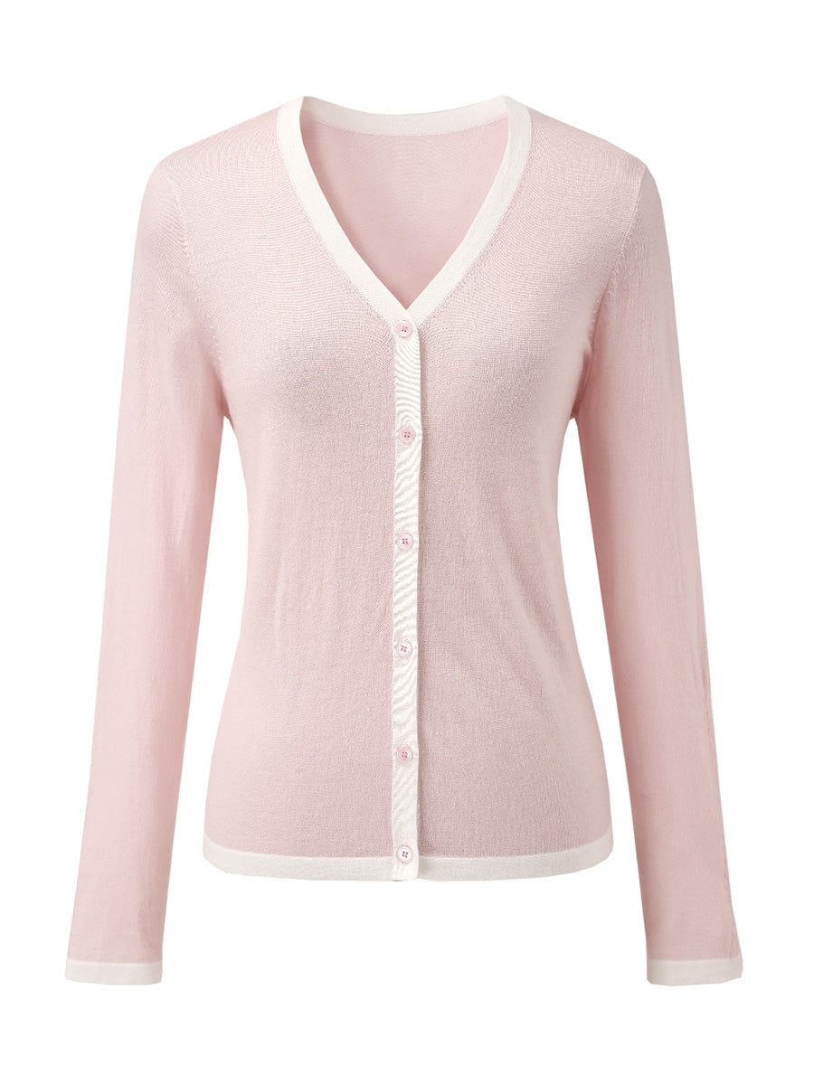 COMOBOCA Women's Ribbed V-neck Cardigan with White Trim