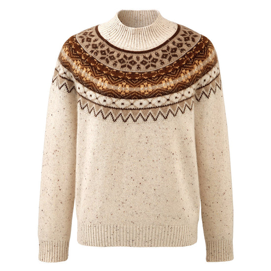 COMOBOCA 100% Cashmere Women's Fair Isle Mock Neck Sweater