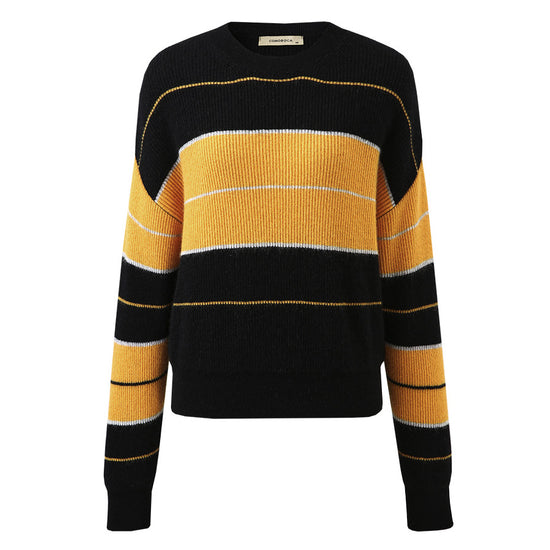 COMOBOCA 100% Cashmere Women's Striped Crewneck Sweater