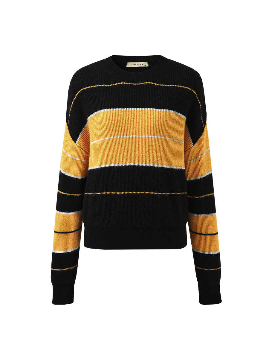 COMOBOCA 100% Cashmere Women's Striped Crewneck Sweater
