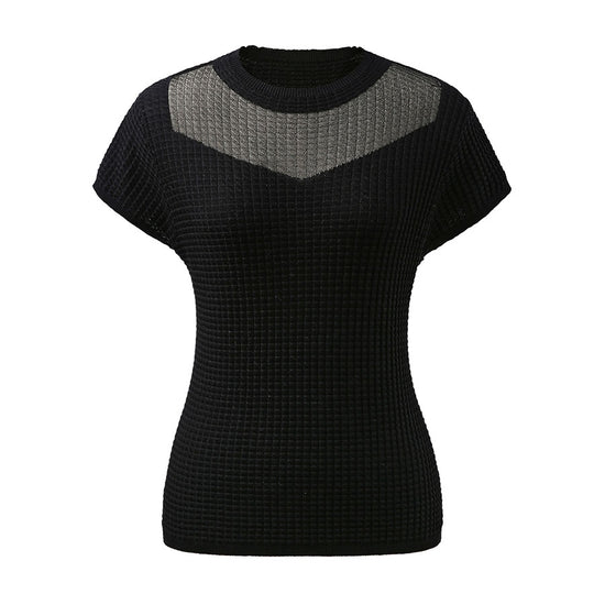 COMOBOCA Women's Waffle Knit Cap Sleeve T-Shirt with Sheer Yoke