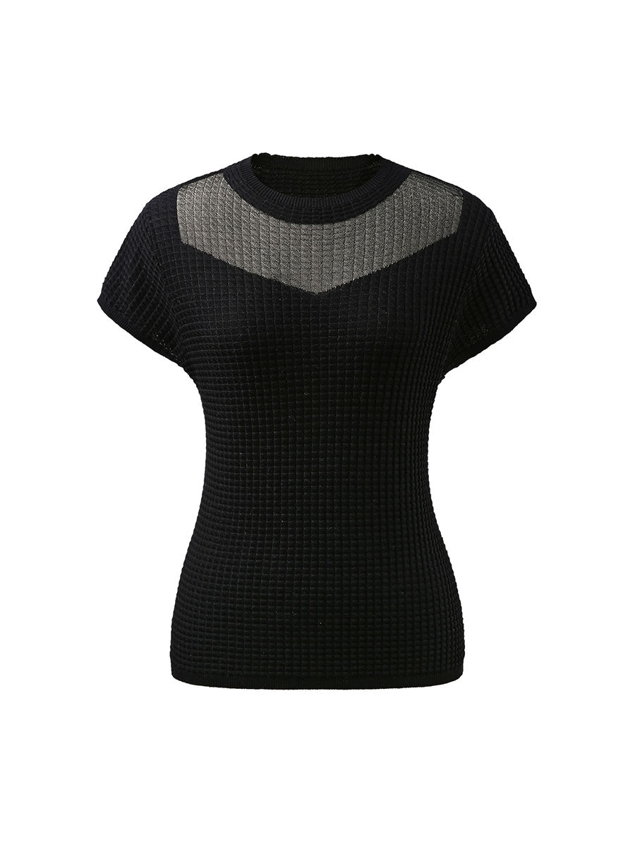 COMOBOCA Women's Waffle Knit Cap Sleeve T-Shirt with Sheer Yoke