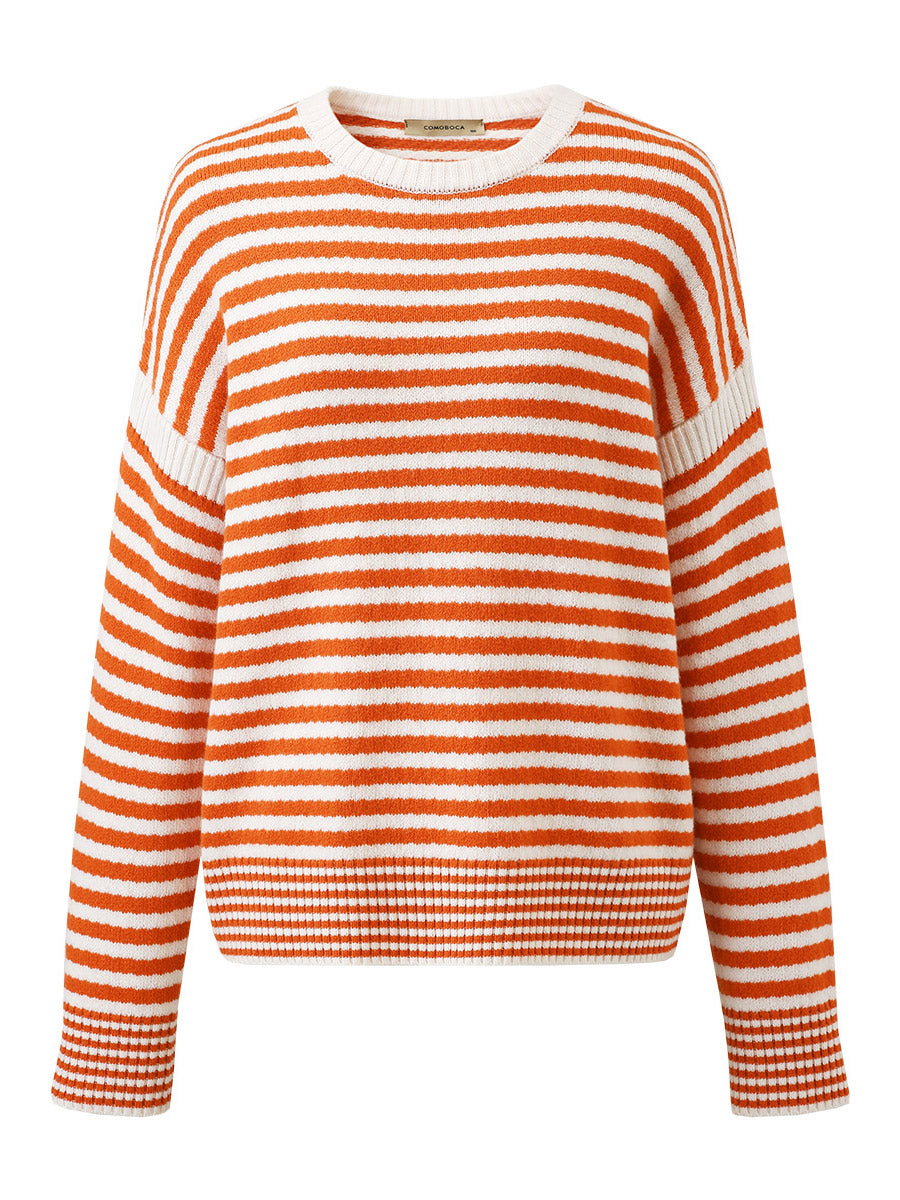 COMOBOCA 100% Wool Women's Striped Knit Pullover Sweater