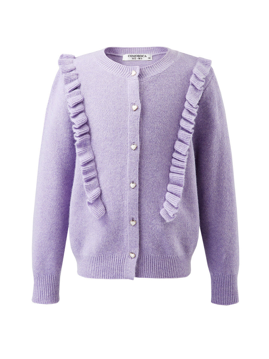 COMOBOCA 100% Wool Kids' Round Neck Heart Button Cardigan