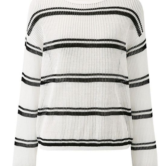 COMOBOCA Women's Striped Ribbed Round Neck Sweater