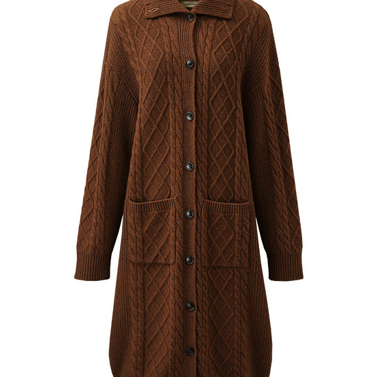 COMOBOCA 100% Wool Women's Cable Knit Long Front Button Coat