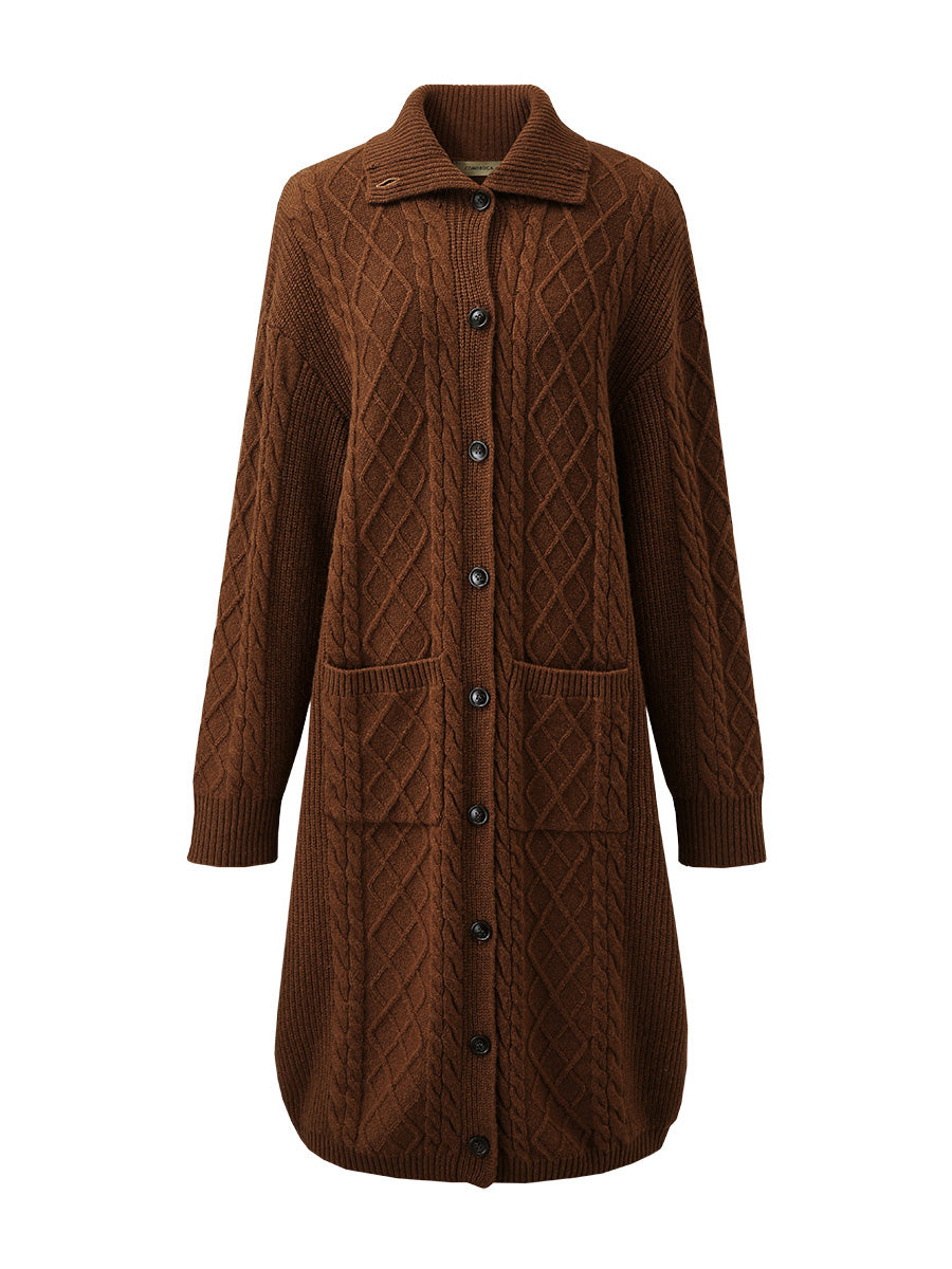 COMOBOCA 100% Wool Women's Cable Knit Long Front Button Coat
