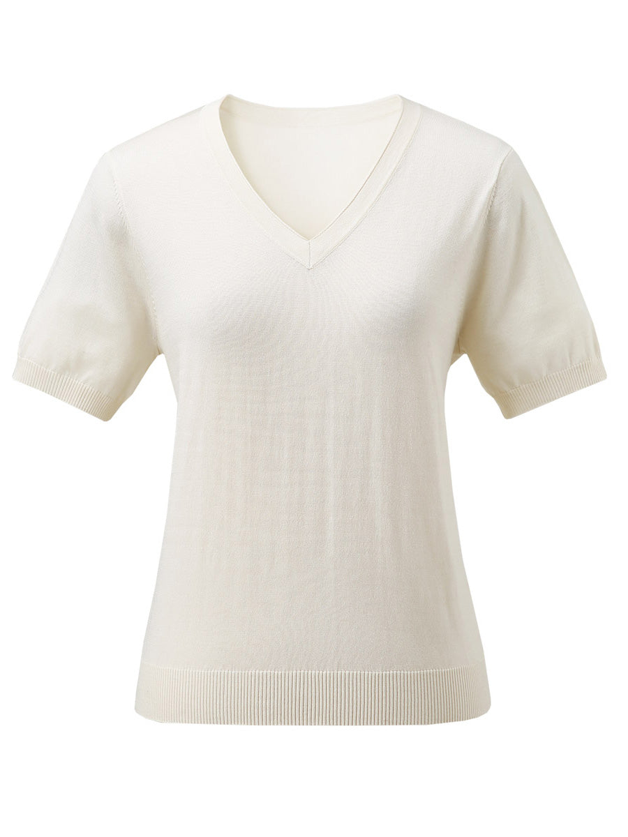 COMOBOCA Women's Lyocell V-Neck Ribbed Knit T-Shirt