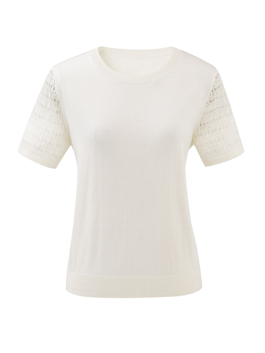 COMOBOCA Women's Lace Round Neck Knit T-Shirt