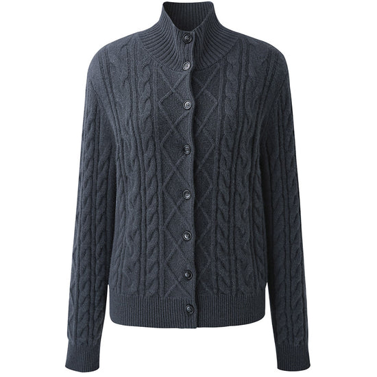 COMOBOCA 100% Cashmere Women's Cable Mock Neck Knit Cardigan