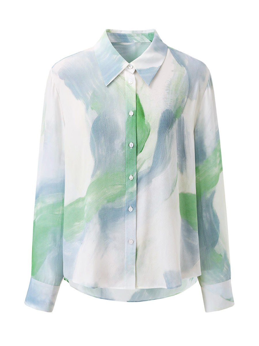 COMOBOCA 100% Mulberry Silk Women's Watercolor Print Shirt