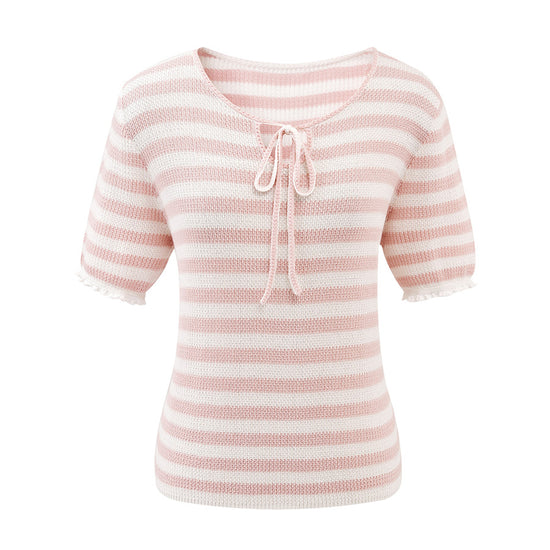 COMOBOCA Women's Tie-Neck Striped Knit T-Shirt