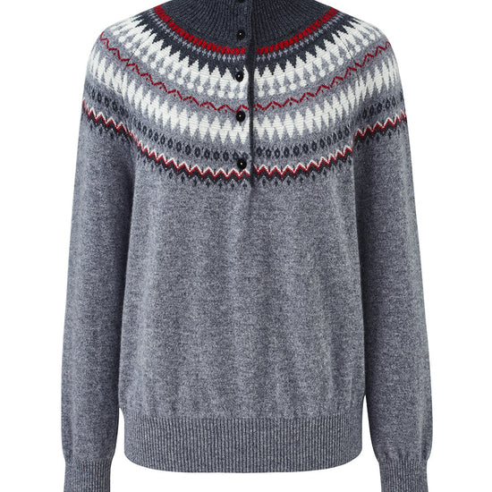 COMOBOCA 100% Cashmere Women's Fair Isle Mock Neck Button Front Sweater