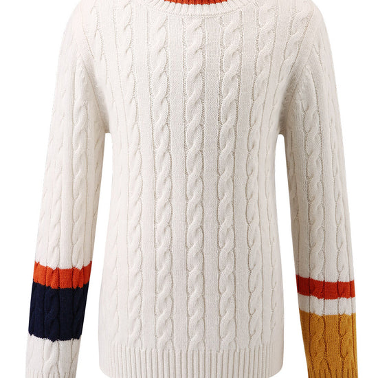COMOBOCA 100% Wool Kids' Cable Knit Sweater with Color Block Detail