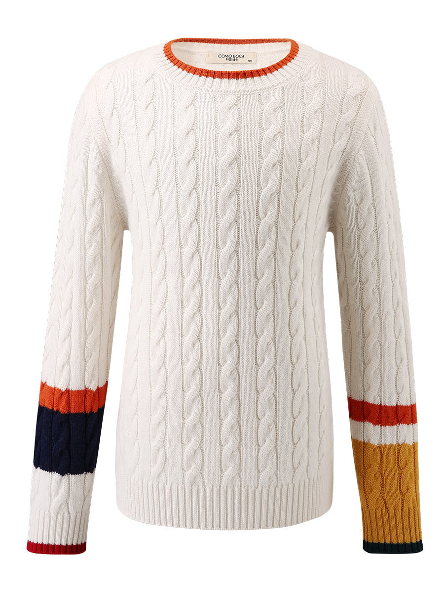 COMOBOCA 100% Wool Kids' Cable Knit Sweater with Color Block Detail