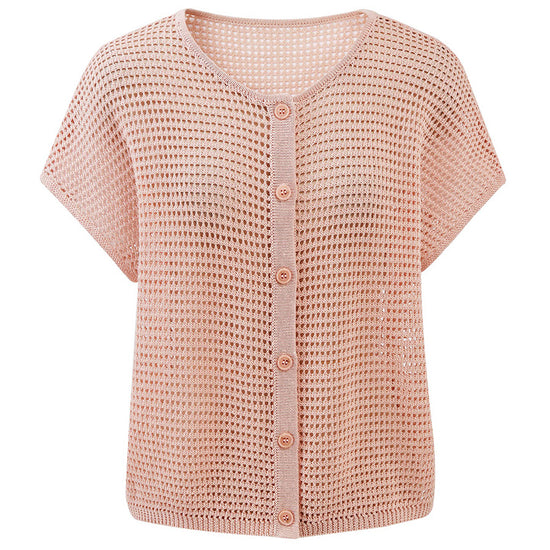 COMOBOCA Women's Openwork Mesh Knit Button Front Top