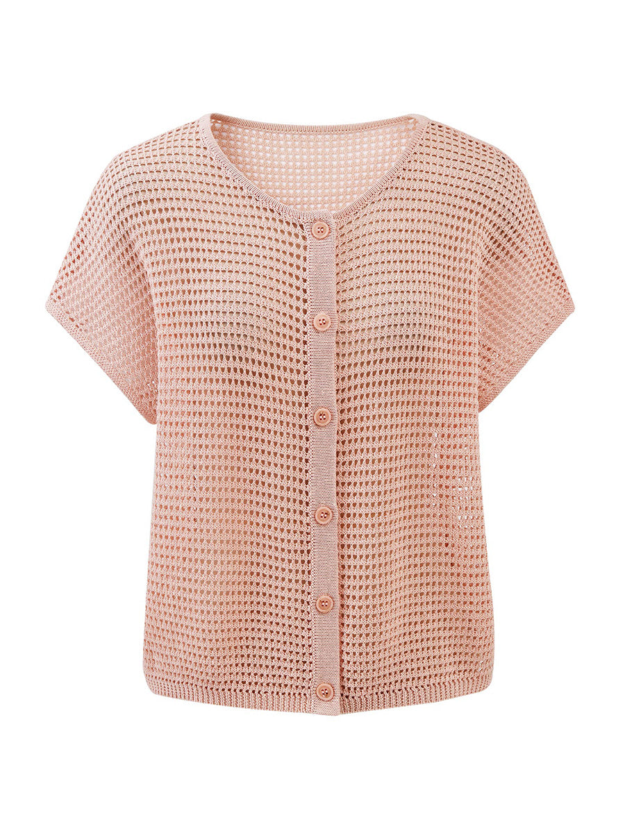 COMOBOCA Women's Openwork Mesh Knit Button Front Top