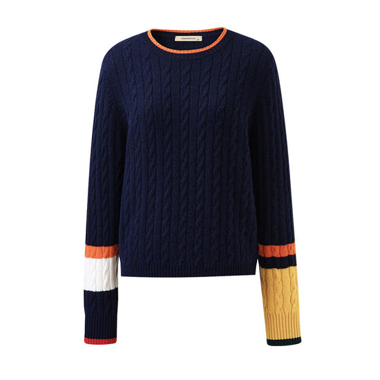 COMOBOCA 100% Wool Women's Colorblock Cable Knit Sweater