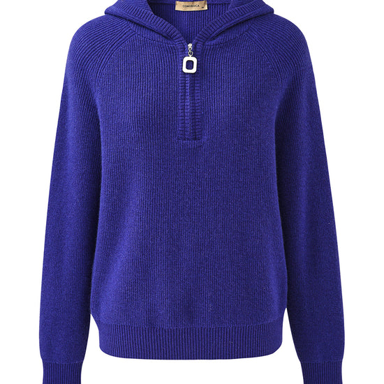 COMOBOCA 100% Cashmere Women's Ribbed Half Zip Knit Hoodie