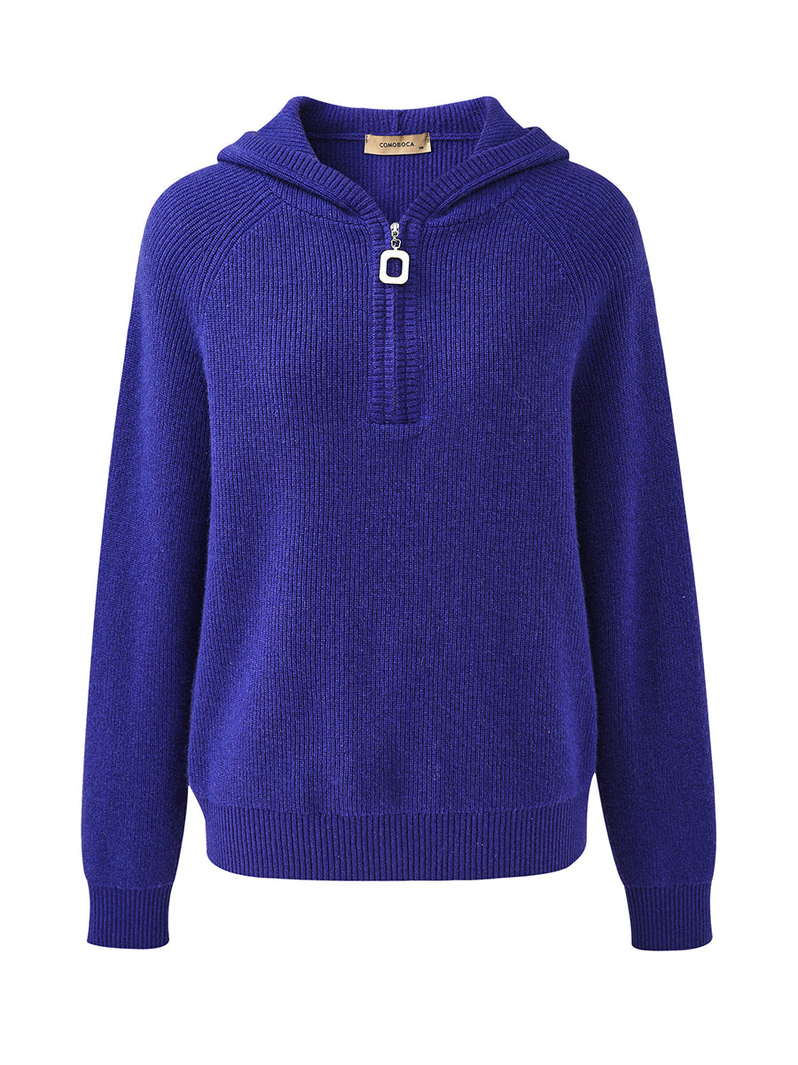 COMOBOCA 100% Cashmere Women's Ribbed Half Zip Knit Hoodie