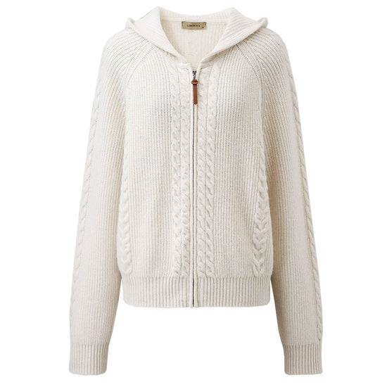 COMOBOCA 100% Wool Women's Cardigan Cable Knit Hoodie