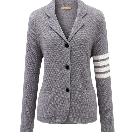 COMOBOCA 100% Cashmere Women's Striped Sleeve Knit Pocket Cardigan