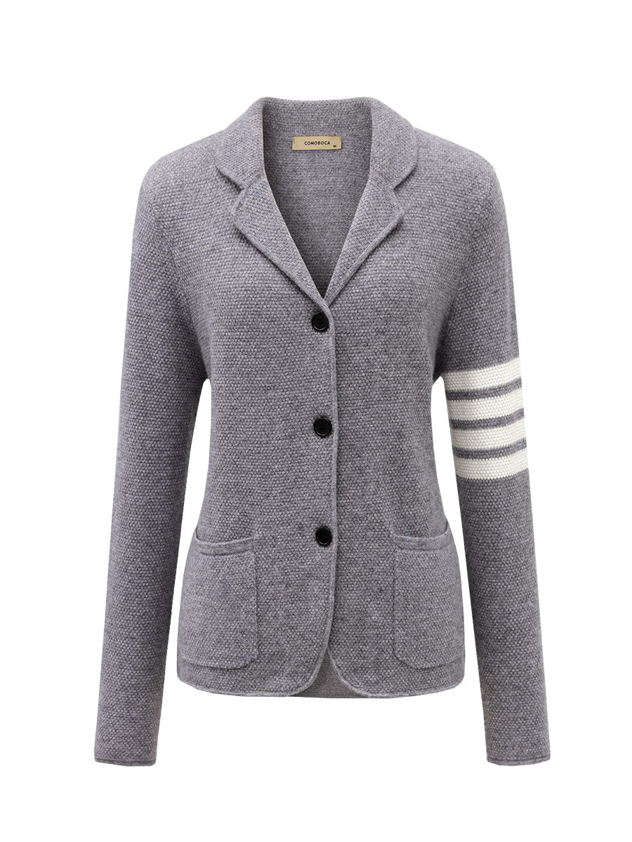 COMOBOCA 100% Cashmere Women's Striped Sleeve Knit Pocket Cardigan