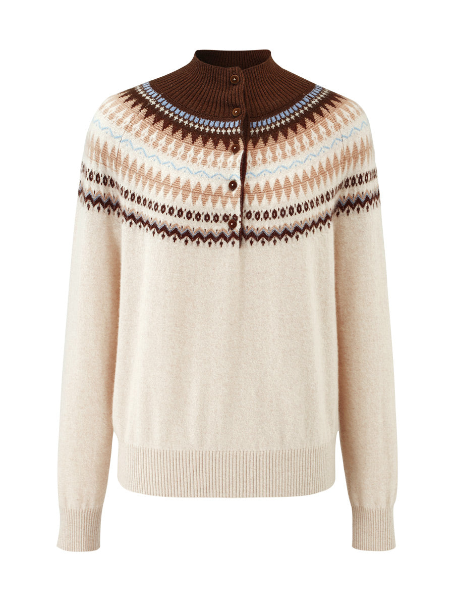 COMOBOCA 100% Cashmere Women's Fair Isle Mock Neck Button Front Sweater