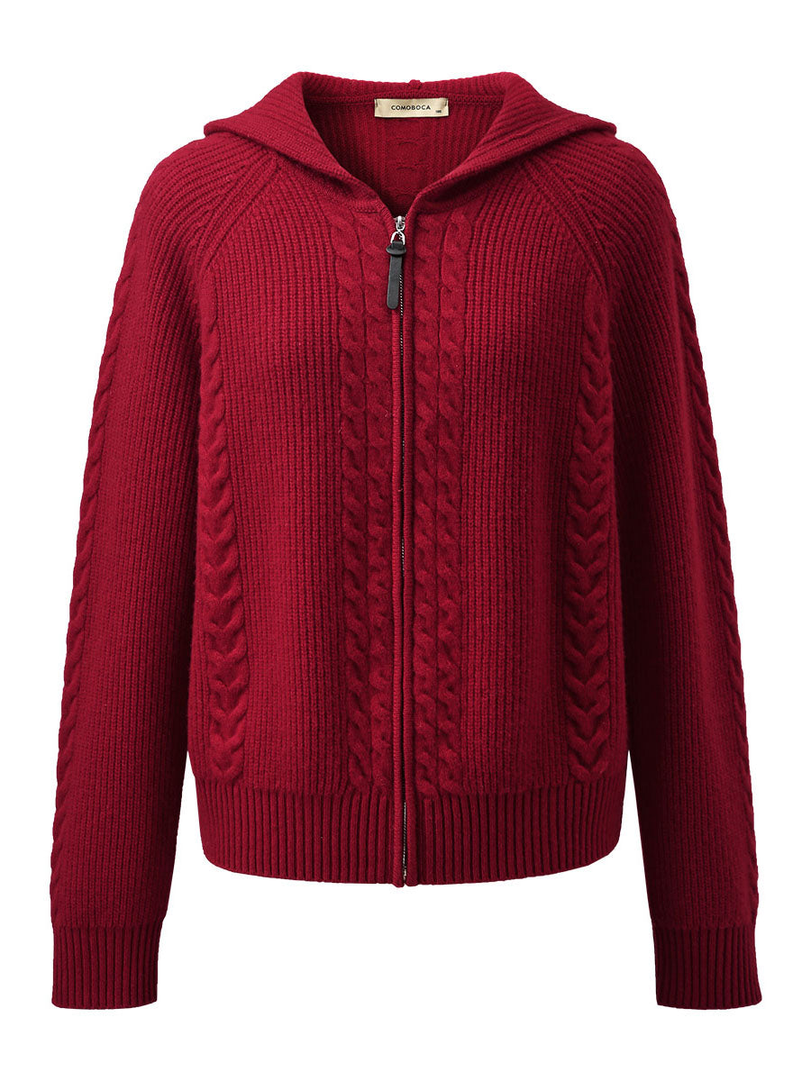 COMOBOCA 100% Wool Women's Cardigan Cable Knit Hoodie