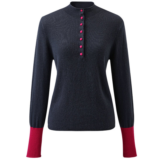 COMOBOCA 100% Cashmere Women's Button Down Contrast Cuff Knit Sweater