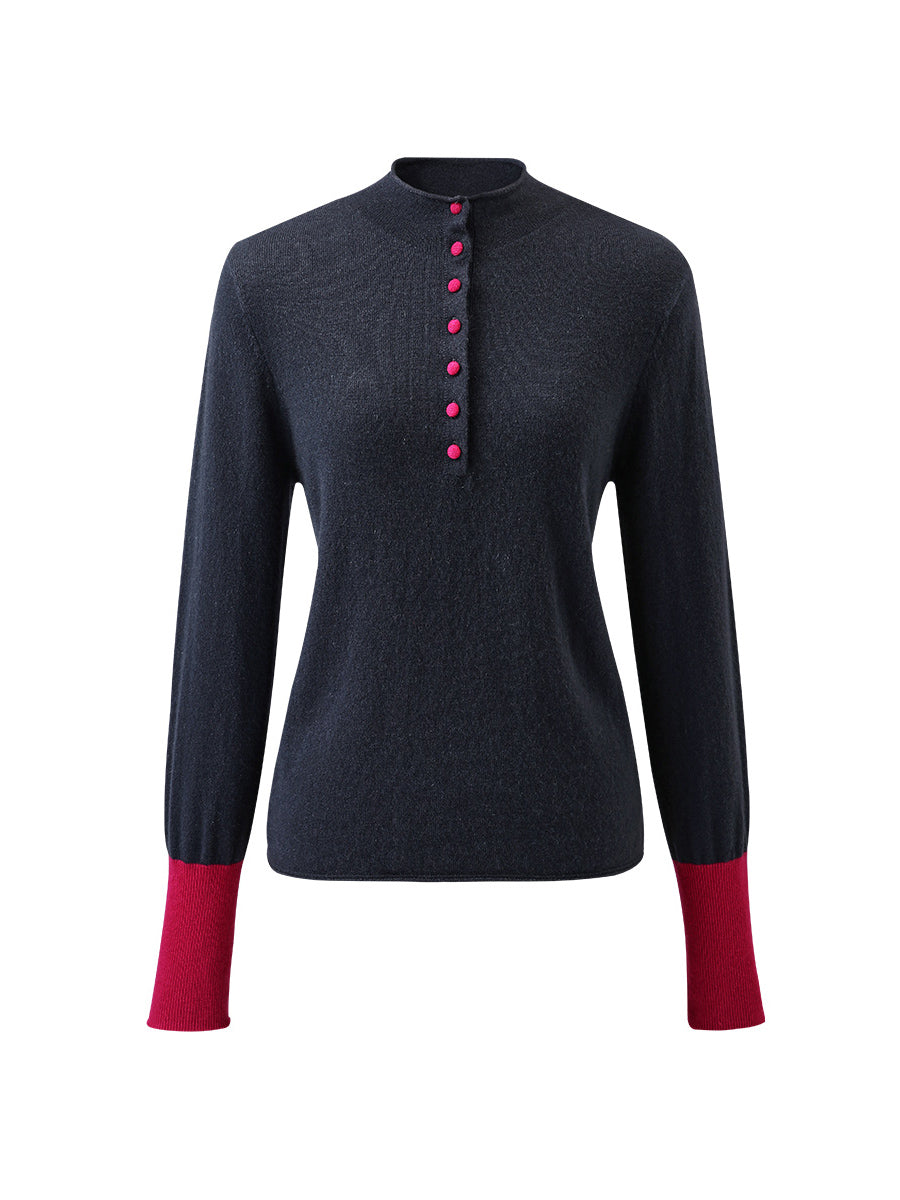 COMOBOCA 100% Cashmere Women's Button Down Contrast Cuff Knit Sweater