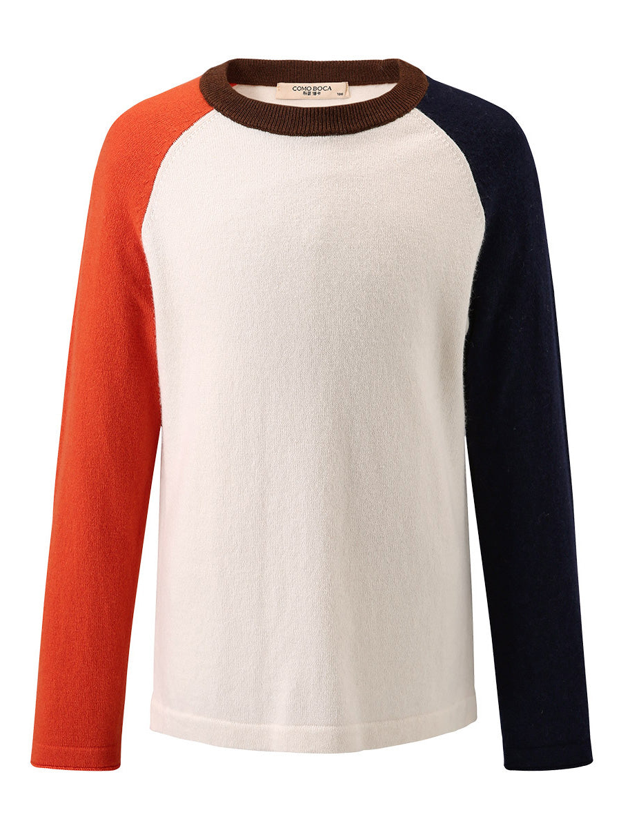 COMOBOCA White 100% Wool Kid's Casual Colorblock Knit Sweater