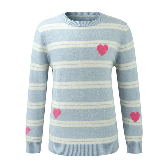 COMOBOCA 100% Wool Kids' Striped Heart Round Neck Sweater