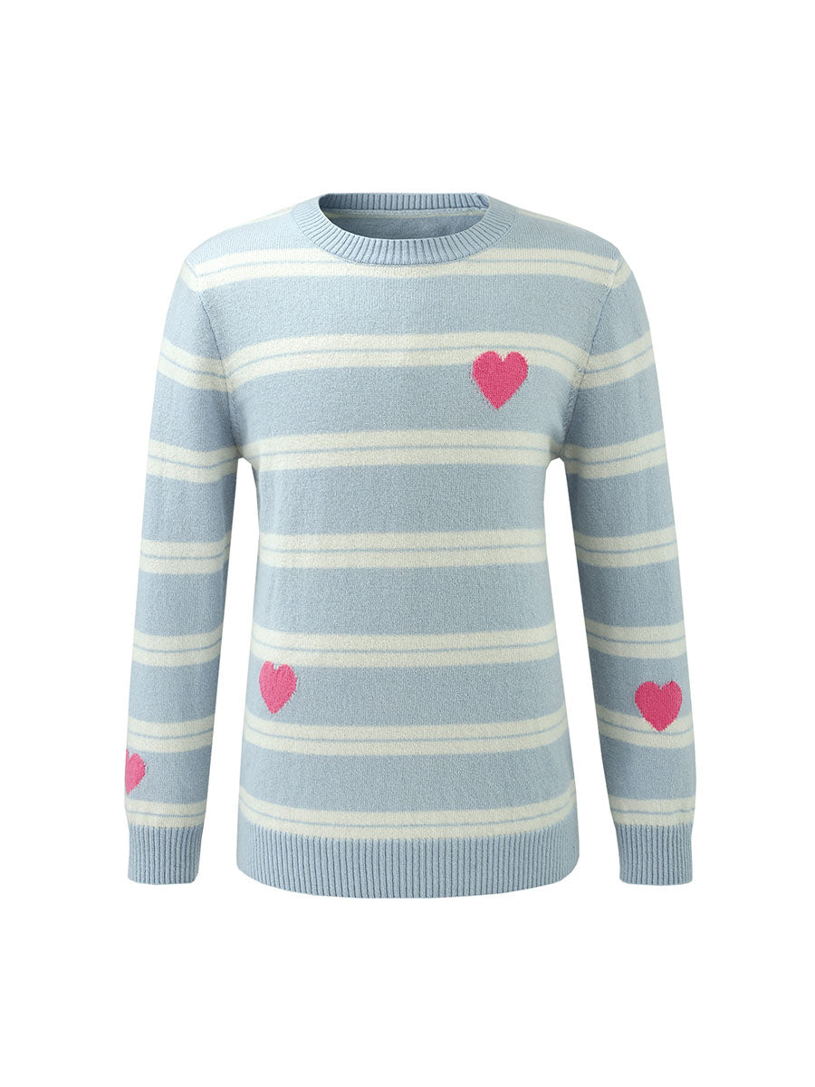 COMOBOCA 100% Wool Kids' Striped Heart Round Neck Sweater