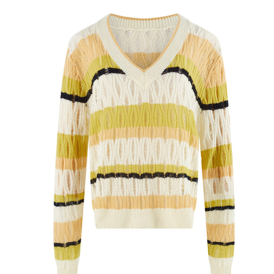 COMOBOCA 100% Cashmere Women's Striped V-Neck Knit Sweater
